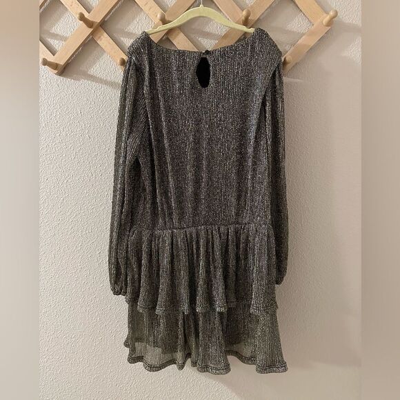 Hayden Girls Gold Foiled Pleated Puff Sleeve Tiered Dress NWT Sz L - Picture 3 of 10